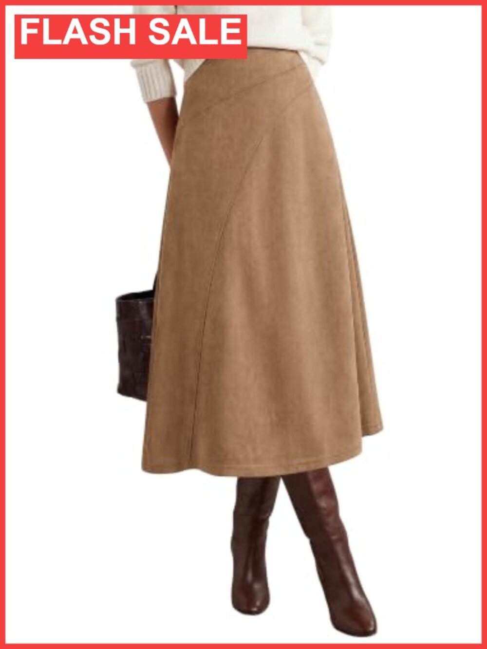 Faux Suede Midi Skirt High Waisted A-Line Fall Winter